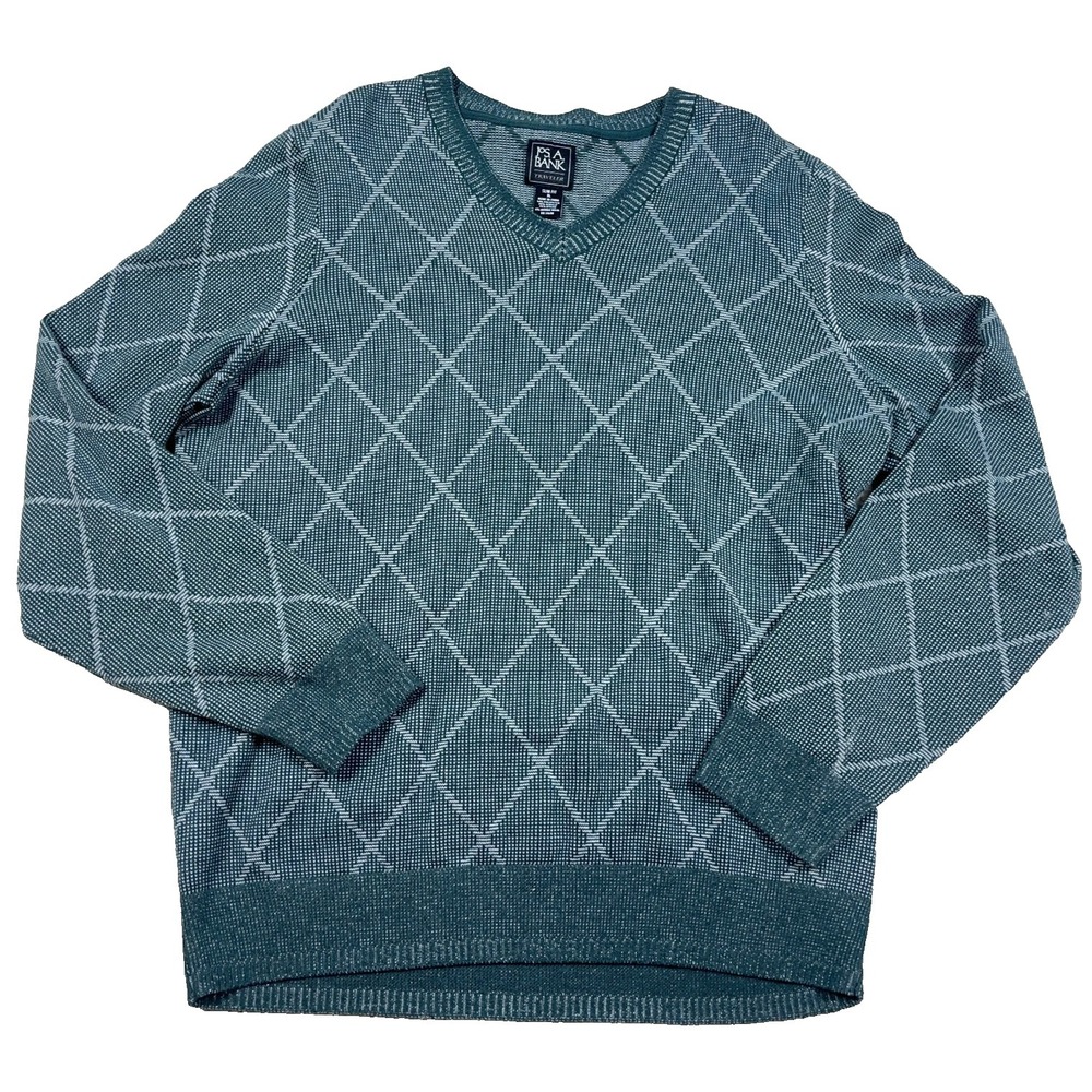 Jos A Bank Sweater Men XL Green V Neck Slim FIt Diamond Grandpa Travler Knit
